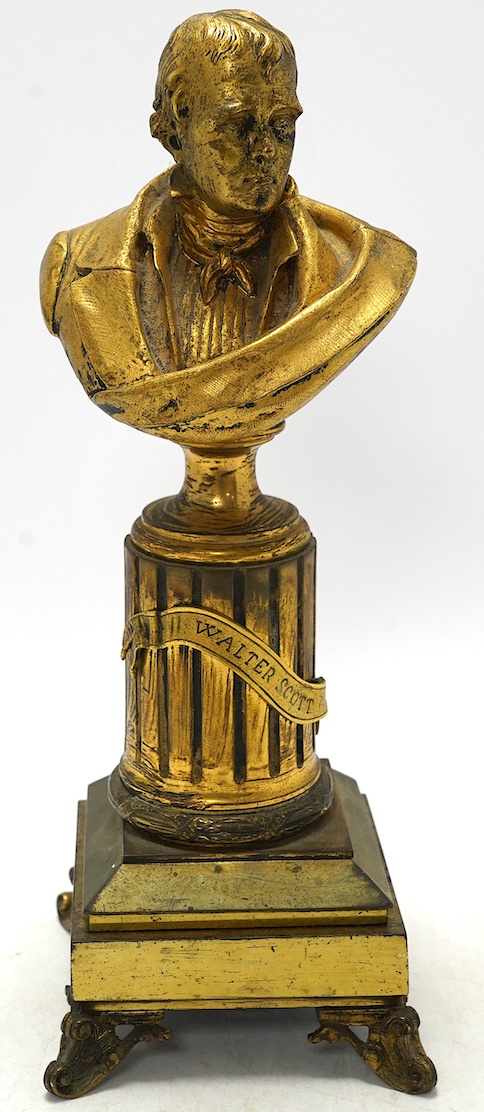 An early 20th century gilt metal bust of Sir Walter Scott on pedestal, 34cm. Condition - fair to good